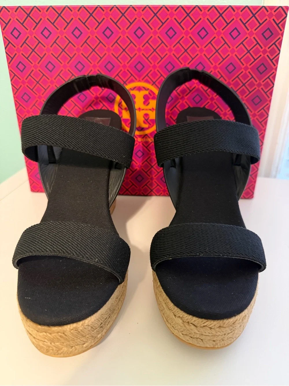 Tory Burch 120MM Two-Band Wedge Sling Back Black Size 9.5